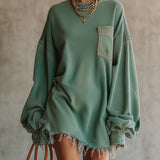 24-Hour-Shipping Green Denim Oversized Pocket Frayed Hem Mini Dress