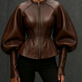 24-Hour-Shipping Brown Faux Leather Jacket With Balloon Sleeves