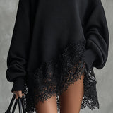 24-Hour-Shipping Black Oversized Mini Dress With Lace Hem