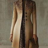 24-Hour-Shipping Khaki Ombre Leopard Print Long Coat With Gradient Detail