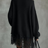 24-Hour-Shipping Black Oversized Mini Dress With Lace Hem