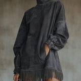 24-Hour-Shipping Olive Faux Suede Turtleneck Dress With Fringe Hem