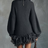 24-Hour-Shipping Gray Knit Mini Dress With Ruffled V-Neckline And Chiffon Hem