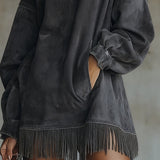 24-Hour-Shipping Olive Faux Suede Turtleneck Dress With Fringe Hem