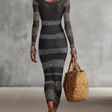 24-Hour-Shipping Gray And White Knit Bodycon Dress With Leopard Stripe Detailing