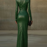 24-Hour-Shipping Green Elegance Croc Embossed Maxi Dress