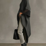 24-Hour-Shipping Gray Asymmetric Hem Loose Knit Dress With Crochet Mid Sleeves