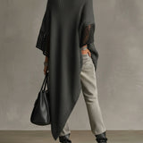 24-Hour-Shipping Gray Asymmetric Hem Loose Knit Dress With Crochet Mid Sleeves