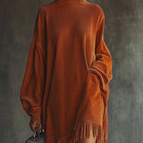 24-Hour-Shipping Orange Corduroy Loose Tassel Hem High Collar Dress