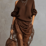 24-Hour-Shipping Chocolate Knit Off Shoulder Tulle Long Sleeve Midi Dress