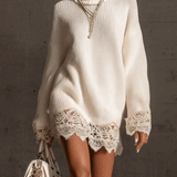 24-Hour-Shipping White Turtleneck Knit Mini Dress With Lace Trim