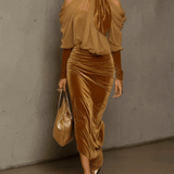 24-Hour-Shipping Light Brown Velvet Bodycon Maxi Dress With Chiffon Blouse Set