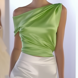 24-Hour-Shipping One Shoulder Sleeveless Light Green Satin Shirt