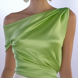 24-Hour-Shipping One Shoulder Sleeveless Light Green Satin Shirt