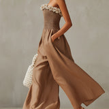 Brown Strapless 3D Floral Jumpsuit