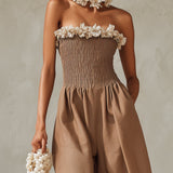 Brown Strapless 3D Floral Jumpsuit