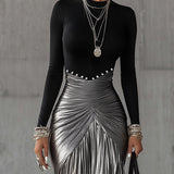 24-Hour-Shipping Black Round Neck Metallic Silver Pleated Maxi Dress
