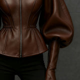 24-Hour-Shipping Brown Faux Leather Jacket With Balloon Sleeves