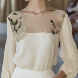 24-Hour-Shipping Beige Stitching Shirt With Elegant Floral Embroidery
