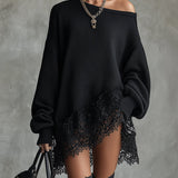 24-Hour-Shipping Black Oversized Mini Dress With Lace Hem