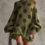 24-Hour-Shipping Green Polka Dot Oversized Knit Sweater Dress With Ruffled Hem