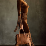 24-Hour-Shipping Brown Velvet Turtleneck Cutout Fringe Long Sleeve Bodycon Dress