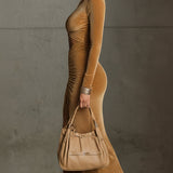 24-Hour-Shipping Camel Velvet Openwork Long Sleeve Bodycon Dress
