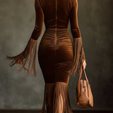 24-Hour-Shipping Brown Velvet Turtleneck Cutout Fringe Long Sleeve Bodycon Dress