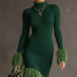 24-Hour-Shipping Emerald Knit Patchwork Eco Faux Fur Long Sleeve Bodycon Dress