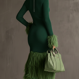 24-Hour-Shipping Emerald Knit Patchwork Eco Faux Fur Long Sleeve Bodycon Dress