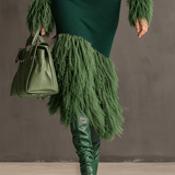 24-Hour-Shipping Emerald Knit Patchwork Eco Faux Fur Long Sleeve Bodycon Dress