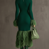 24-Hour-Shipping Emerald Knit Patchwork Eco Faux Fur Long Sleeve Bodycon Dress