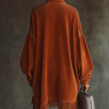 24-Hour-Shipping Orange Corduroy Loose Tassel Hem High Collar Dress