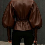 24-Hour-Shipping Brown Faux Leather Jacket With Balloon Sleeves