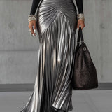 24-Hour-Shipping Black Round Neck Metallic Silver Pleated Maxi Dress