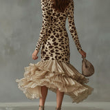 24-Hour-Shipping Leopard Print Ruffled High Low Midi Dress
