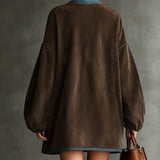 24-Hour-Shipping Brown Faux Suede Fleece High-Neck Zip-Up Oversized Mini Dress