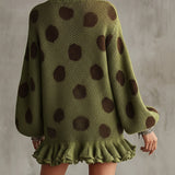 24-Hour-Shipping Green Polka Dot Oversized Knit Sweater Dress With Ruffled Hem