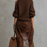 24-Hour-Shipping Chocolate Knit Off Shoulder Tulle Long Sleeve Midi Dress