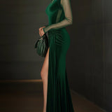 24-Hour-Shipping Emerald Green Velvet Mesh Sleeve High Slit Maxi Dress