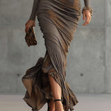 24-Hour-Shipping Brown Leopard Print Pleated Cutout Maxi Dress