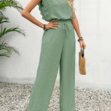 Zella™ Elegant Two-Piece Set | Lace-Trimmed Top and Wide-Leg Trousers