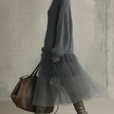 24-Hour-Shipping Gray Mohair And Tulle Panel Maxi Dress