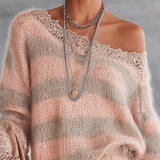 24-Hour-Shipping Pink And Taupe Striped Mohair Sweater With Lace Trim