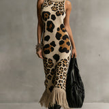 24-Hour-Shipping Brown Irregular Leopard Print Knitted Tassel Sleeveless Maxi Dress
