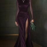 24-Hour-Shipping Emerald Green Velvet Mesh Sleeve High Slit Maxi Dress