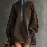 24-Hour-Shipping Brown Faux Suede Fleece High-Neck Zip-Up Oversized Mini Dress
