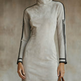 24-Hour-Shipping Gray Faux Suede Mock Neck Mini Dress With Zip Sleeve Detail