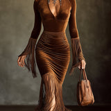 24-Hour-Shipping Brown Velvet Turtleneck Cutout Fringe Long Sleeve Bodycon Dress