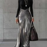 24-Hour-Shipping Black Round Neck Metallic Silver Pleated Maxi Dress
